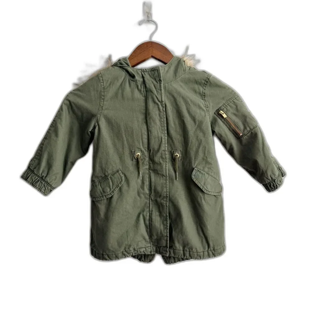 Baby Gap Toddler 3 Years Olive Green Faux Fur Hood Utility Parka Jacket